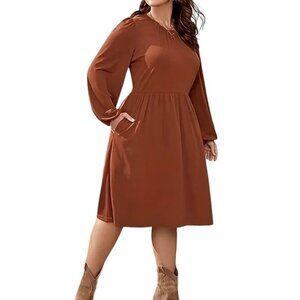 Plus Size Casual Dress Solid Ruched Lantern Sleeve Round Neck, Brick Red, 1X-3X